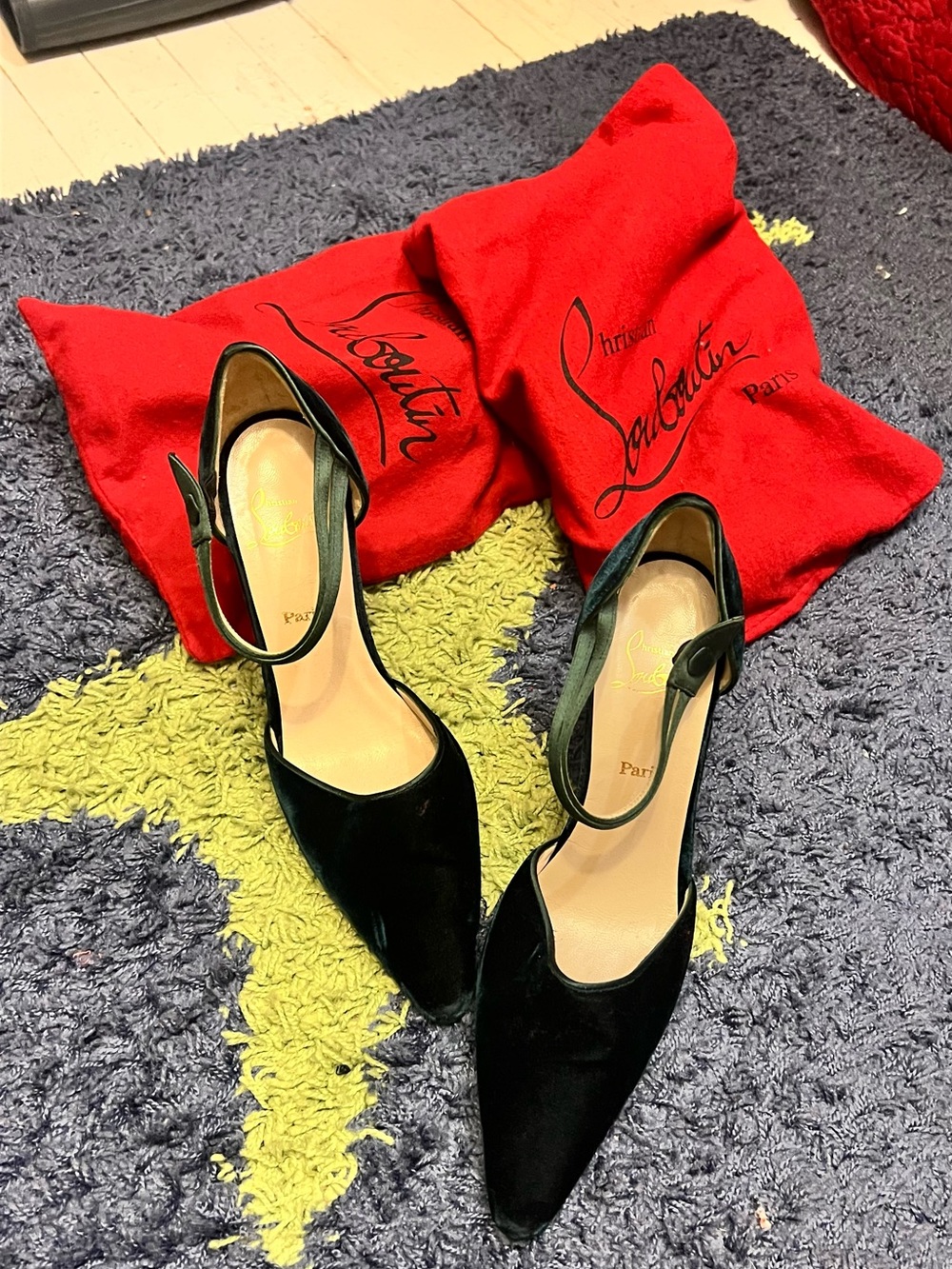Christian Louboutin Dark Green Velvet Pointed-Ankle Strap Heels